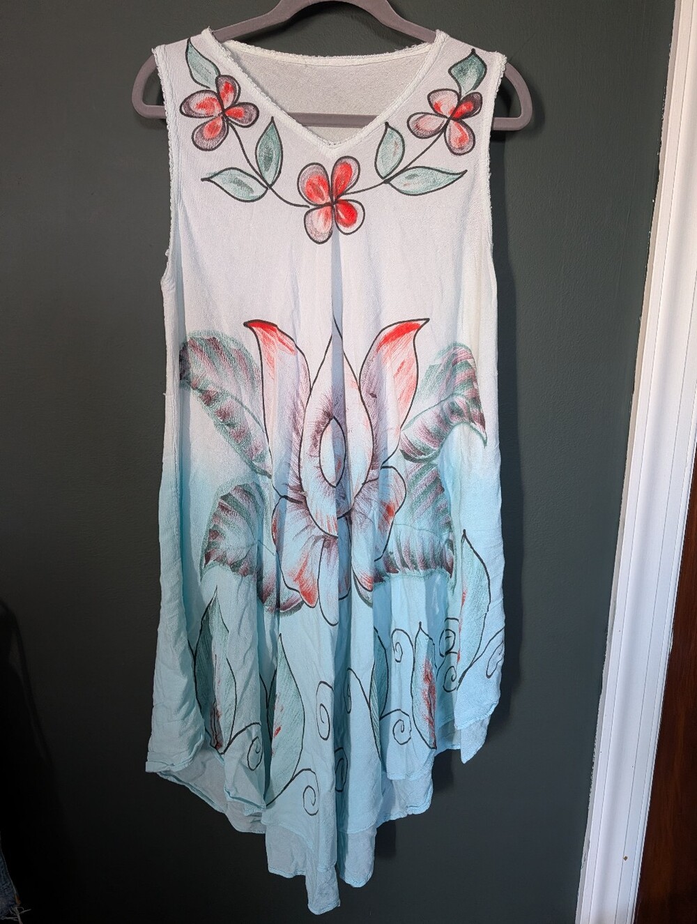 Vintage Sleeveless Floral Hand-Painted Effect Dress in Light Blue and White 0056
